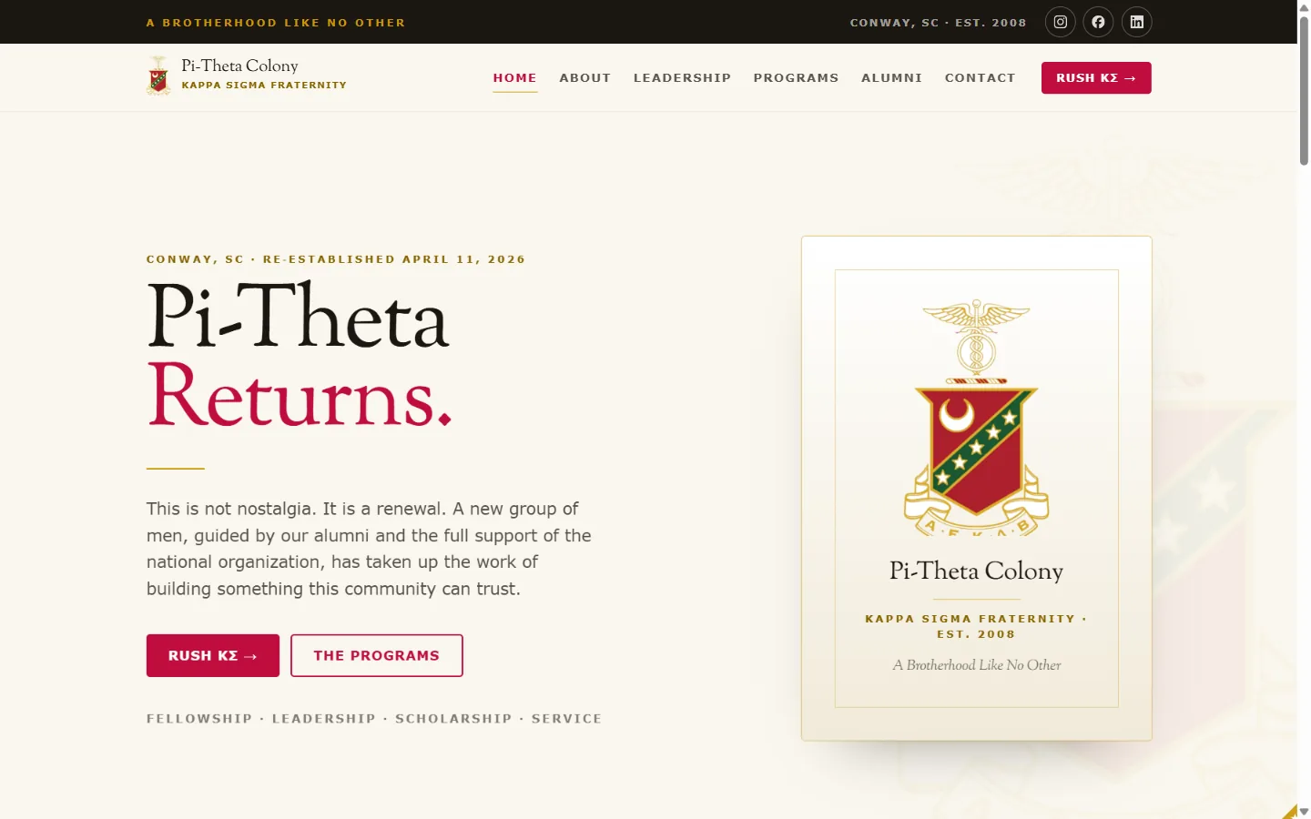 The Pi-Theta Colony website, showing the crest and the Rush call to action